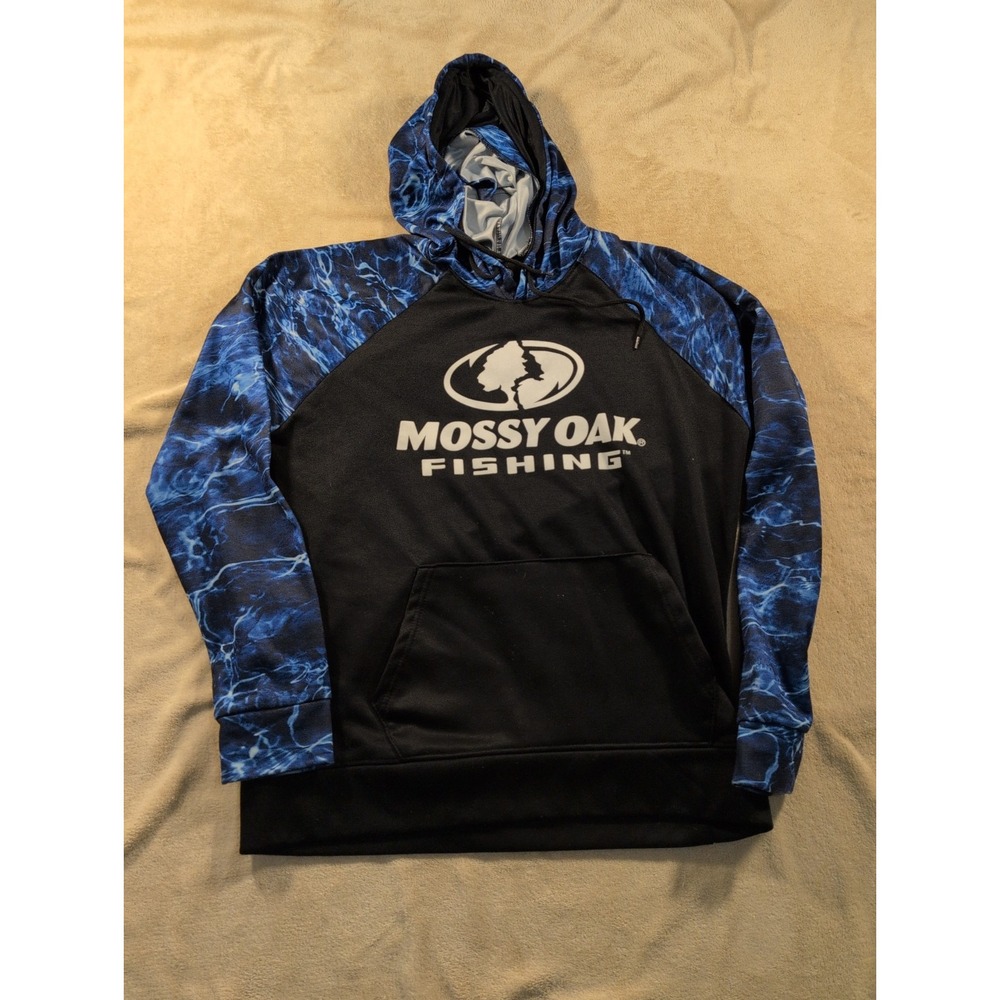Mossy Oak Fishing Mens Performance Hoodie Black Blue Camo Raglan Size Large